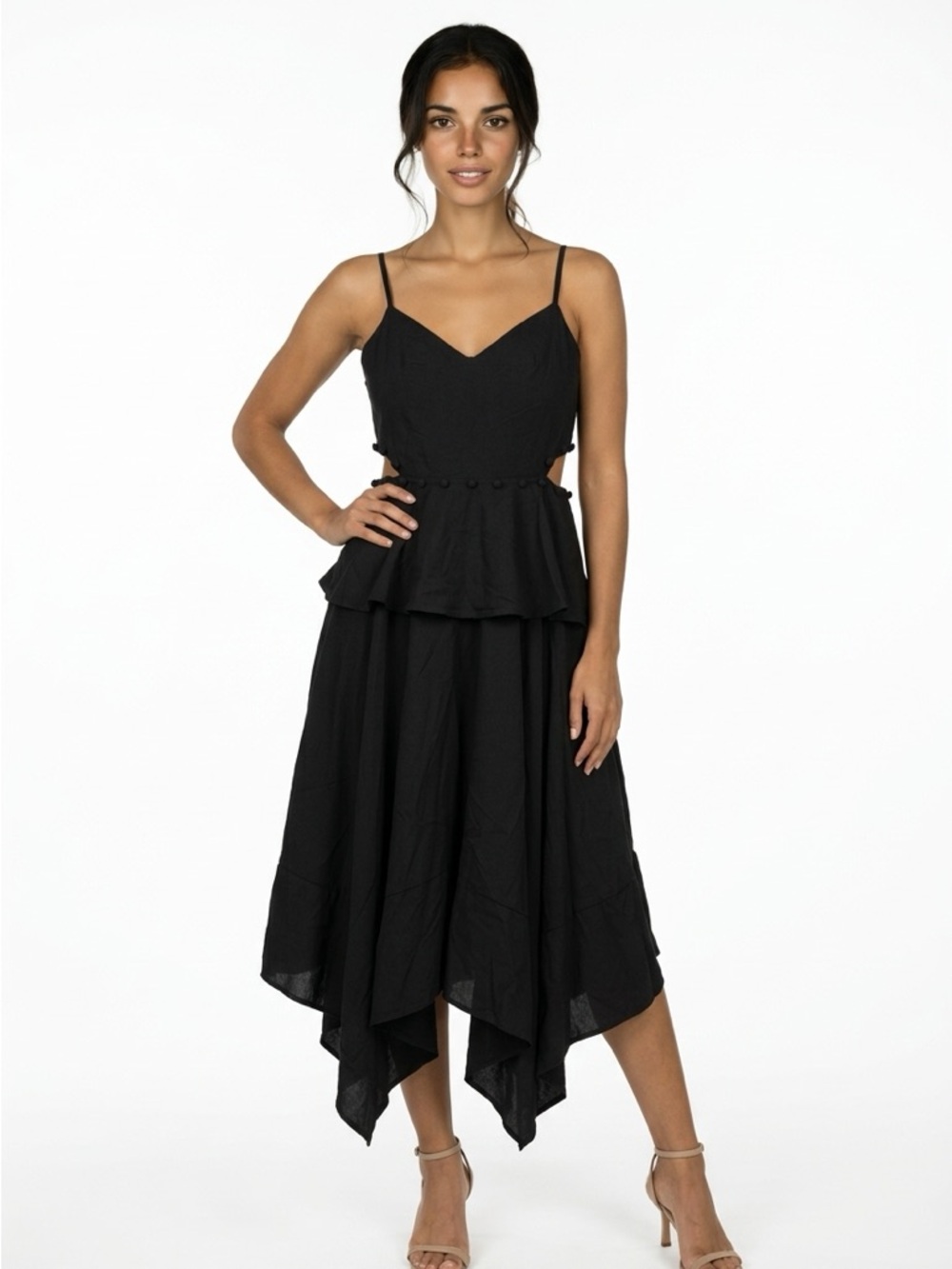 Sleeveless Black High-Low Peplum Dress with Spaghetti Straps